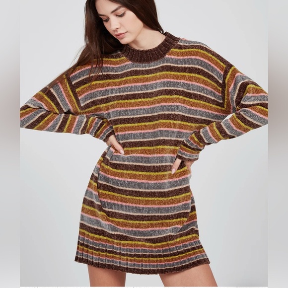 Volcom bubbletea dress, dark chocolate, pink yellow striped. Size XL Super soft - Picture 1 of 12